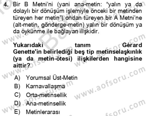 Eleştiri Kuramları Dersi 2023 - 2024 Yılı (Final) Dönem Sonu Sınav Soruları 4. Soru