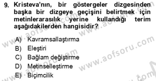 Eleştiri Kuramları Dersi 2023 - 2024 Yılı (Final) Dönem Sonu Sınav Soruları 9. Soru