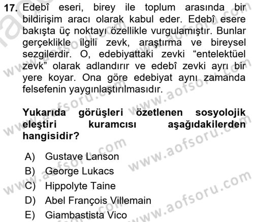 Eleştiri Kuramları Dersi 2023 - 2024 Yılı Yaz Okulu Sınav Soruları 17. Soru