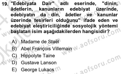 Eleştiri Kuramları Dersi 2023 - 2024 Yılı Yaz Okulu Sınav Soruları 19. Soru