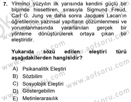 Eleştiri Kuramları Dersi 2023 - 2024 Yılı Yaz Okulu Sınav Soruları 7. Soru