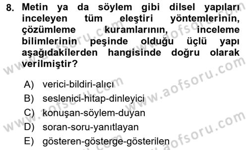 Eleştiri Kuramları Dersi 2024 - 2025 Yılı (Vize) Ara Sınav Soruları 8. Soru