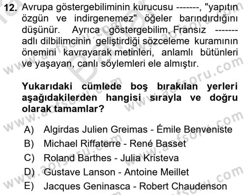 Eleştiri Kuramları Dersi 2024 - 2025 Yılı (Final) Dönem Sonu Sınav Soruları 12. Soru