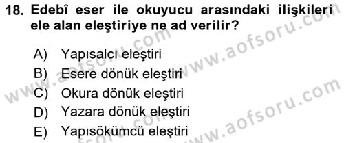 Eleştiri Kuramları Dersi 2024 - 2025 Yılı Yaz Okulu Sınav Soruları 18. Soru