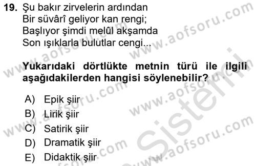 Eleştiri Kuramları Dersi 2025 - 2026 Yılı (Final) Dönem Sonu Sınav Soruları 19. Soru