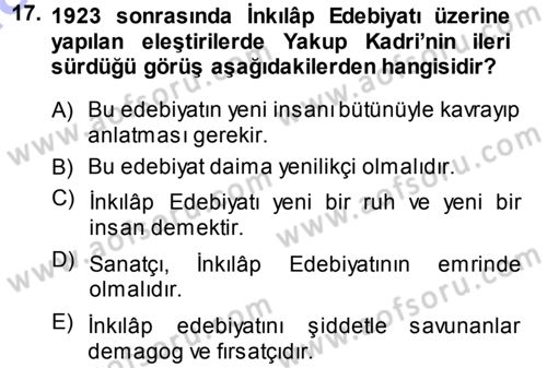 Eleştiri Tarihi Dersi 2013 - 2014 Yılı (Final) Dönem Sonu Sınav Soruları 17. Soru