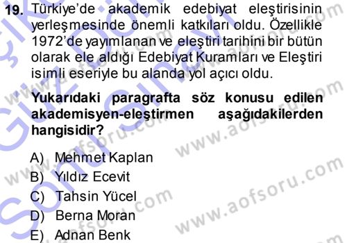 Eleştiri Tarihi Dersi 2013 - 2014 Yılı (Final) Dönem Sonu Sınav Soruları 19. Soru