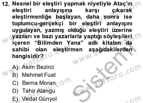 Eleştiri Tarihi Dersi 2014 - 2015 Yılı (Final) Dönem Sonu Sınav Soruları 12. Soru