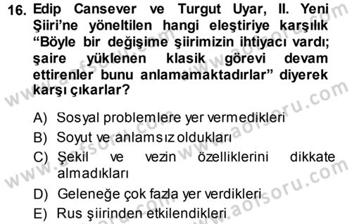 Eleştiri Tarihi Dersi 2014 - 2015 Yılı Tek Ders Sınav Soruları 16. Soru