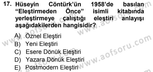 Eleştiri Tarihi Dersi 2014 - 2015 Yılı Tek Ders Sınav Soruları 17. Soru