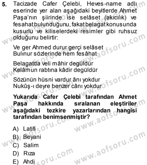 Eleştiri Tarihi Dersi 2014 - 2015 Yılı Tek Ders Sınav Soruları 5. Soru