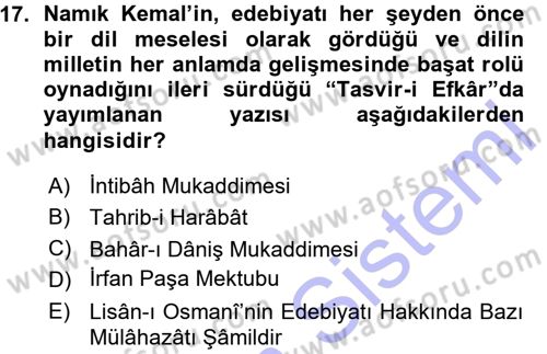 Eleştiri Tarihi Dersi 2015 - 2016 Yılı (Vize) Ara Sınav Soruları 17. Soru