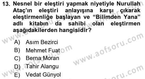 Eleştiri Tarihi Dersi 2015 - 2016 Yılı (Final) Dönem Sonu Sınav Soruları 13. Soru