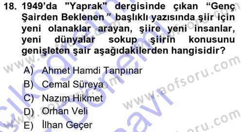 Eleştiri Tarihi Dersi 2015 - 2016 Yılı (Final) Dönem Sonu Sınav Soruları 18. Soru