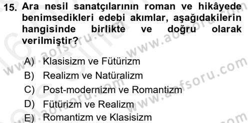 Eleştiri Tarihi Dersi 2015 - 2016 Yılı Tek Ders Sınav Soruları 15. Soru