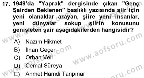 Eleştiri Tarihi Dersi 2015 - 2016 Yılı Tek Ders Sınav Soruları 17. Soru