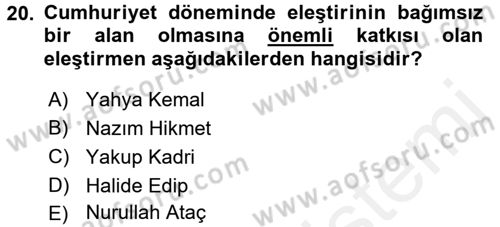 Eleştiri Tarihi Dersi 2015 - 2016 Yılı Tek Ders Sınav Soruları 20. Soru