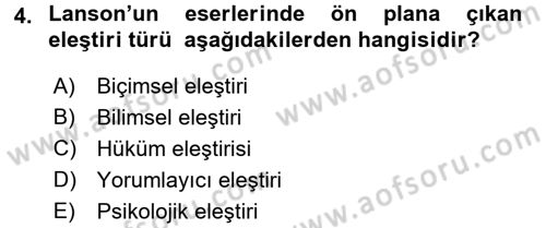 Eleştiri Tarihi Dersi 2015 - 2016 Yılı Tek Ders Sınav Soruları 4. Soru