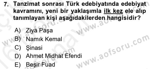 Eleştiri Tarihi Dersi 2015 - 2016 Yılı Tek Ders Sınav Soruları 7. Soru