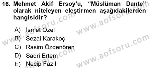 Eleştiri Tarihi Dersi 2016 - 2017 Yılı 3 Ders Sınav Soruları 16. Soru