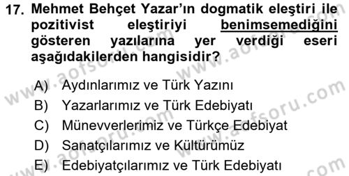Eleştiri Tarihi Dersi 2016 - 2017 Yılı 3 Ders Sınav Soruları 17. Soru