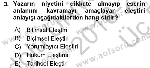 Eleştiri Tarihi Dersi 2016 - 2017 Yılı 3 Ders Sınav Soruları 3. Soru