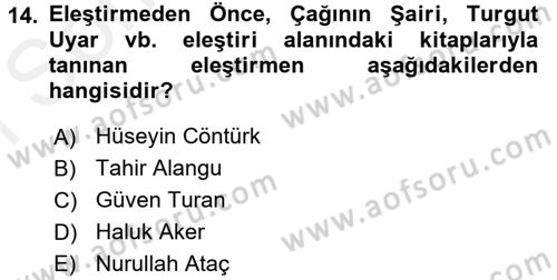 Eleştiri Tarihi Dersi 2016 - 2017 Yılı (Final) Dönem Sonu Sınav Soruları 14. Soru