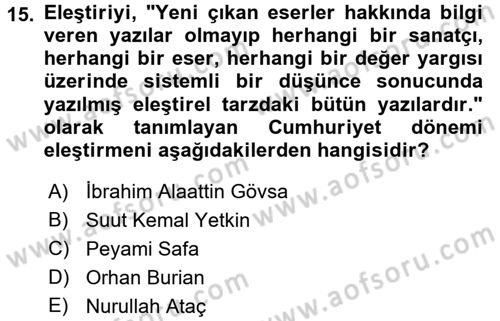 Eleştiri Tarihi Dersi 2016 - 2017 Yılı (Final) Dönem Sonu Sınav Soruları 15. Soru