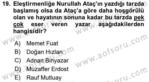 Eleştiri Tarihi Dersi 2016 - 2017 Yılı (Final) Dönem Sonu Sınav Soruları 19. Soru