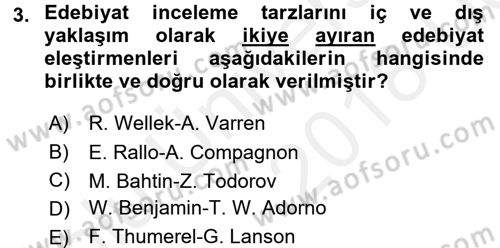 Eleştiri Tarihi Dersi 2017 - 2018 Yılı 3 Ders Sınav Soruları 3. Soru