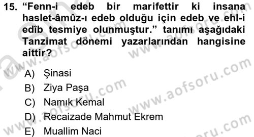 Eleştiri Tarihi Dersi Ara Sınavı Deneme Sınav Soruları 15. Soru