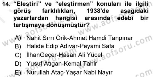 Eleştiri Tarihi Dersi 2017 - 2018 Yılı (Final) Dönem Sonu Sınav Soruları 14. Soru