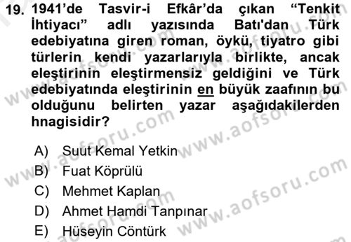 Eleştiri Tarihi Dersi 2017 - 2018 Yılı (Final) Dönem Sonu Sınav Soruları 19. Soru