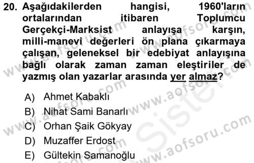 Eleştiri Tarihi Dersi 2017 - 2018 Yılı (Final) Dönem Sonu Sınav Soruları 20. Soru
