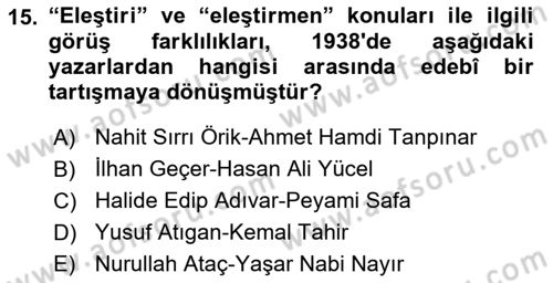 Eleştiri Tarihi Dersi 2018 - 2019 Yılı 3 Ders Sınav Soruları 15. Soru