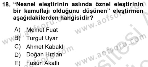 Eleştiri Tarihi Dersi 2018 - 2019 Yılı 3 Ders Sınav Soruları 18. Soru