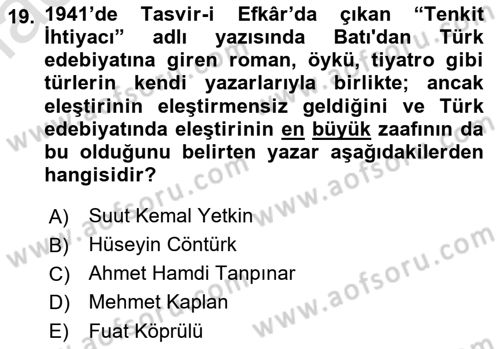 Eleştiri Tarihi Dersi 2018 - 2019 Yılı 3 Ders Sınav Soruları 19. Soru