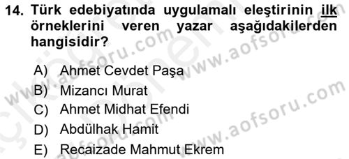 Eleştiri Tarihi Dersi 2018 - 2019 Yılı (Vize) Ara Sınav Soruları 14. Soru