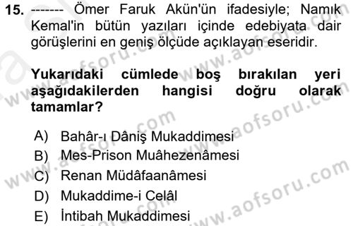 Eleştiri Tarihi Dersi 2018 - 2019 Yılı (Vize) Ara Sınav Soruları 15. Soru