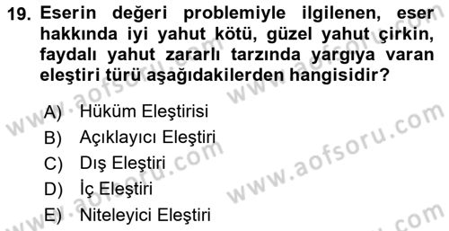 Eleştiri Tarihi Dersi 2018 - 2019 Yılı (Vize) Ara Sınav Soruları 19. Soru