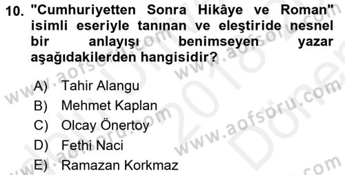 Eleştiri Tarihi Dersi 2018 - 2019 Yılı (Final) Dönem Sonu Sınav Soruları 10. Soru
