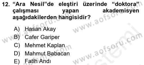 Eleştiri Tarihi Dersi 2018 - 2019 Yılı (Final) Dönem Sonu Sınav Soruları 12. Soru