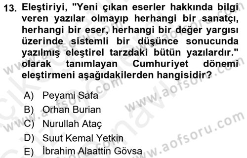 Eleştiri Tarihi Dersi 2018 - 2019 Yılı (Final) Dönem Sonu Sınav Soruları 13. Soru