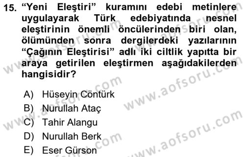 Eleştiri Tarihi Dersi 2018 - 2019 Yılı (Final) Dönem Sonu Sınav Soruları 15. Soru