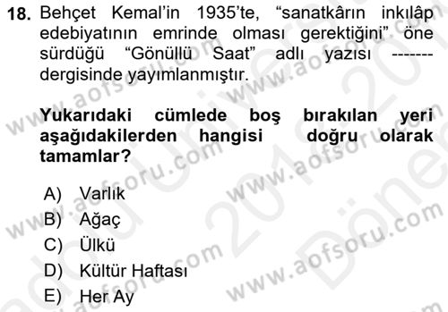 Eleştiri Tarihi Dersi 2018 - 2019 Yılı (Final) Dönem Sonu Sınav Soruları 18. Soru