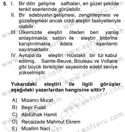 Eleştiri Tarihi Dersi 2018 - 2019 Yılı (Final) Dönem Sonu Sınav Soruları 5. Soru