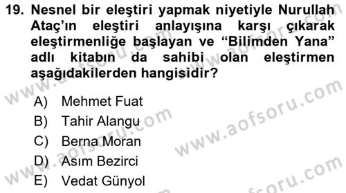 Eleştiri Tarihi Dersi 2020 - 2021 Yılı Yaz Okulu Sınav Soruları 19. Soru
