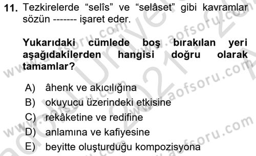 Eleştiri Tarihi Dersi 2021 - 2022 Yılı (Vize) Ara Sınavı 11. Soru