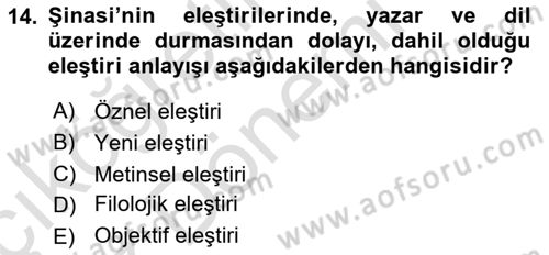 Eleştiri Tarihi Dersi 2021 - 2022 Yılı (Vize) Ara Sınav Soruları 14. Soru
