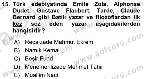 Eleştiri Tarihi Dersi 2021 - 2022 Yılı (Vize) Ara Sınav Soruları 15. Soru